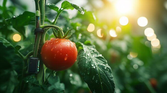 High-tech smart farming sensor module attached to organic tomato vine in a modern greenhouse