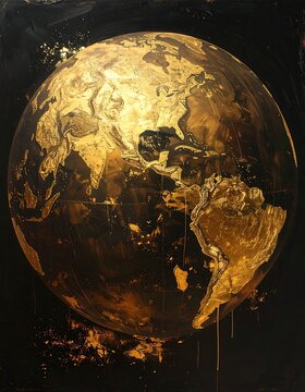 Golden Earth. Dark background with a globe displaying continents in abstract, shiny gold tones