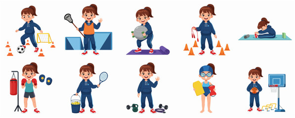 Flat Design Little Girl Engaged in Various Sport Activities Illustration © ArtlowMedia