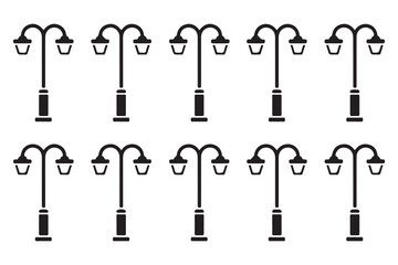 Obraz premium Collection of black silhouette street lamps with double lanterns and curved arms.