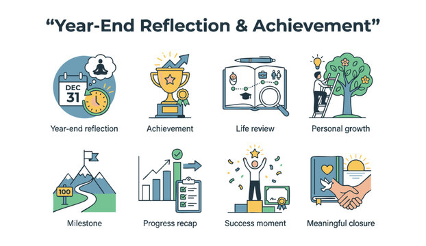 Year end reflection and achievement icons for business and personal growth