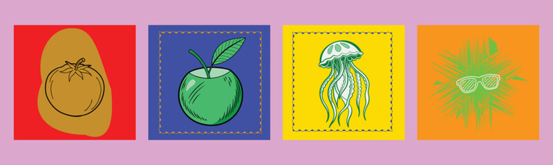 Vintage beach life postcard stamp collection. Retro poster, frame design.