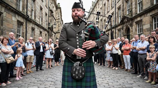 Man playing bagpipes in street crowd