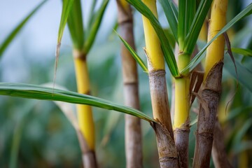 Obraz premium Vibrant green and yellow sugarcane stalks in plantation