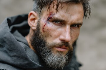 Obraz premium Bearded caucasian male with scar in outdoor setting