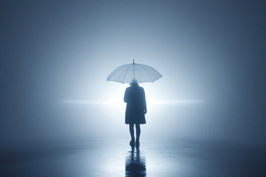 Silhouette of a Person with Umbrella in Foggy Atmosphere