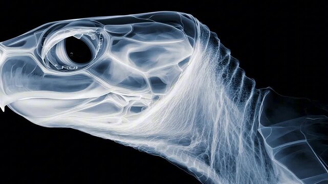 x-ray of a turtle's head with a tattoo, turtle on black background	