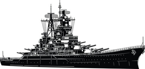 Battleship warship silhouette vector illustration, detailed military naval vessel with cannons and radar systems, black and white maritime defense artwork © MstBeauti