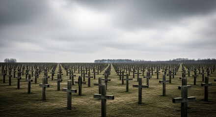 Obraz premium Rows of Wooden Crosses in a War Memorial Cemetery