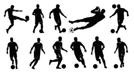 Collection of silhouetted soccer players in various dynamic poses.