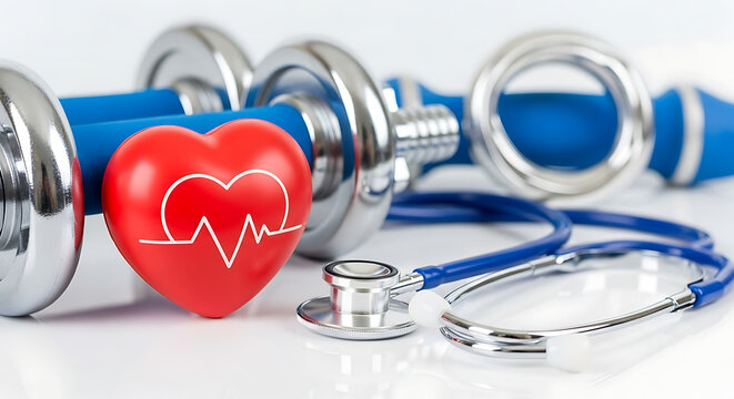 Healthy lifestyle and fitness healthcare concept with heart symbol stethoscope and blue dumbbells