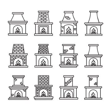 Collection of Fireplace Icons with Flames Various Styles Line Art Isolated on White