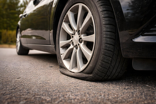 Flat car tire on roadside asphalt with deflated wheel rubber puncture problem, vehicle breakdown emergency situation concept, automotive maintenance repair service need, transportation safety issue, r