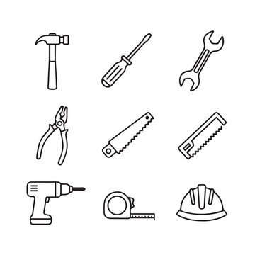 Collection of Hand Tools and Safety Gear Icons on White Background