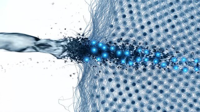 Abstract slow motion animation of a dynamic water jet hitting a microscopic mesh fabric with glowing blue particles, symbolizing purification