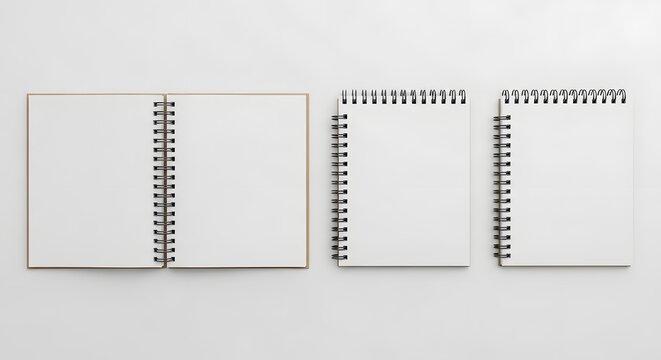 Three blank spiral-bound notebooks with white covers and black spirals