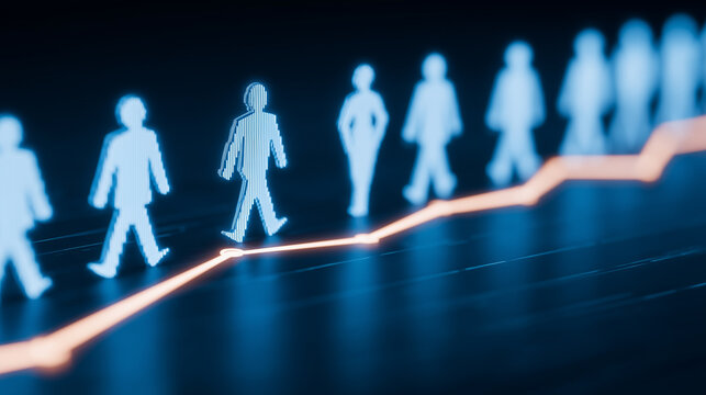 Digital people walking along an upward chart line, representing workforce growth, hiring trends, and economic performance concept.
