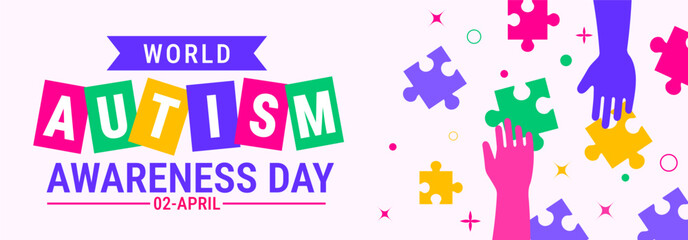 Fototapeta premium World Autism Awareness Day Background, banner or poster design template. Celebrated on April 2. White Graphic with Colorful Autism Letter Tiles and Hands Reaching for Multi-Color Puzzle Pieces.