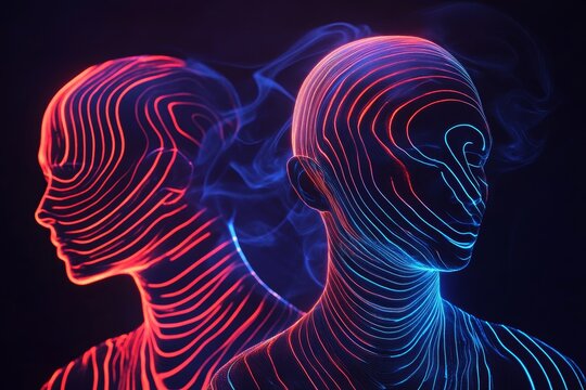 Abstract Art of Human Profiles with Colorful Neon Light Effects