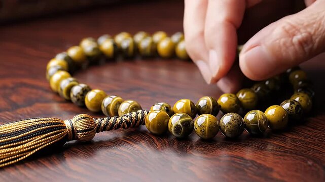 Close-up of a hand holding prayer beads made of polished tiger eye stones, showcasing their natural