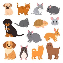 Fototapeta premium Cartoon depiction of various pet animals dogs, cats, rabbits, hamsters, and mice