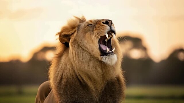 Mighty Predator with Symbolic Mark Roaring in Golden Meadow at Dusk