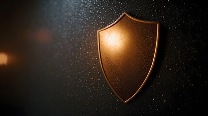 Fototapeta premium A polished metallic shield emblem is illuminated against a dark textured background with subtle glowing particles
