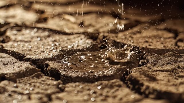 Dramatic slow-motion close-up of water drops impacting parched, cracked earth, creating ripples and gradually saturating the dry desert soil
