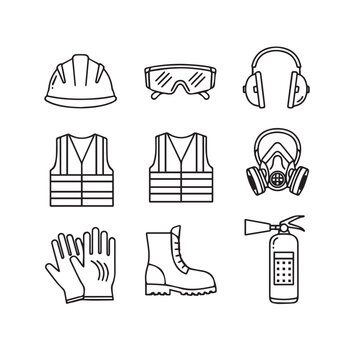 Construction Safety Gear Icons Set: Hard Hat Goggles Vest Gloves Boots Respirator Headphones Fire Extinguisher