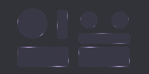 Light frame liquid glass button set for mobile and web app, tech board frame in futuristic style. Purple HUD interface, vector illustration. Light glass png banner collection with glow effect. © roni