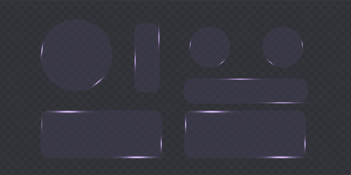 Light frame liquid glass button set for mobile and web app, tech board frame in futuristic style. Purple HUD interface, vector illustration. Light glass png banner collection with glow effect.