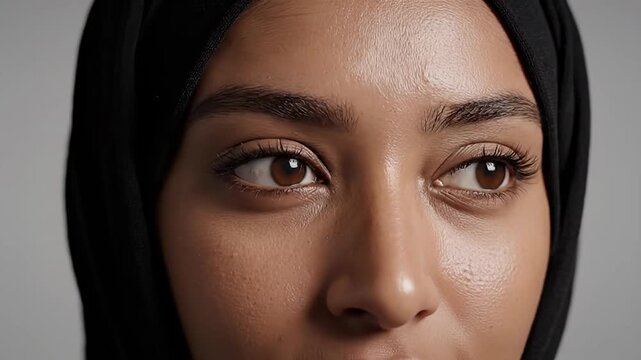 Close-up of beautiful Muslim woman's eyes and part of face wearing black hijab, natural makeup