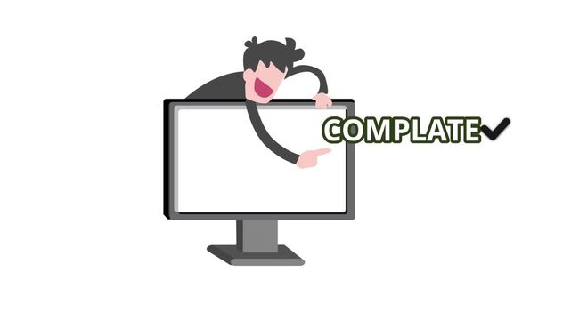Animated flat illustration of a happy man emerging from a computer monitor while pointing at the word &ldquo;Complete&rdquo; with a checkmark icon.