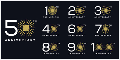 Naklejka premium Set of collection 10 to 100 anniversary logo design, firework colorful for celebration happy new year and birthday logo graphic vector template