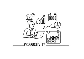 Obraz premium Man working on laptop surrounded by productivity icons calendar and graphs on white background