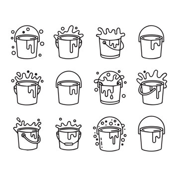 Paint Buckets Splashing and Overflowing with Liquid Simple Line Art Icons Set