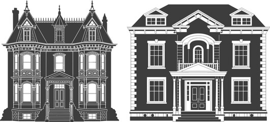 Two distinct large houses with intricate architectural details in black and white line style architecture © MstFeroja