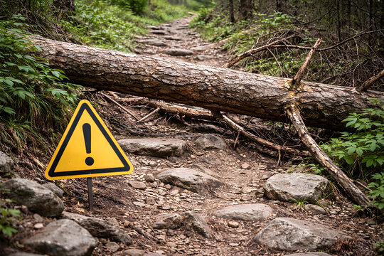 Warning sign on forest trail blocked by fallen tree trunk obstacle, outdoor hazard safety alert concept, hiking path danger prevention, wilderness risk management awareness, environmental obstruction 