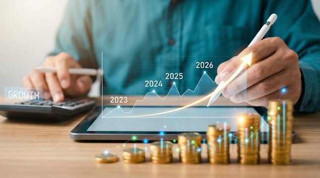 Business growth illustrated by stacks of coins and a digital upward trending graph from 2023 to 2026, concept of wealth