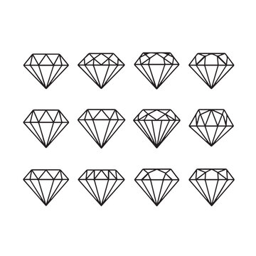 Set of Diamond Icons Gemstone Outline Graphics Simple Geometric Shapes Isolated on White