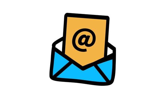 Animated email envelope icon with a letter featuring an &ldquo;@&rdquo; symbol sliding upward from the envelope. Smooth pop-up motion, subtle bounce effect, and clean minimal background. Ideal for email marketing