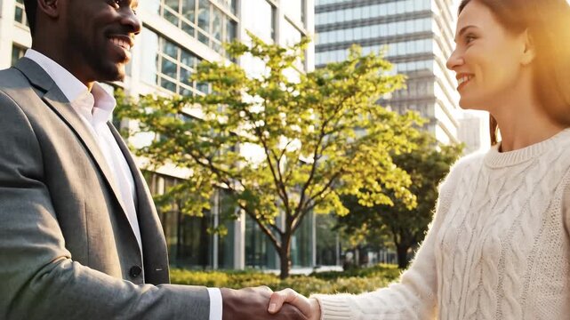 Two people shaking hands outdoors
