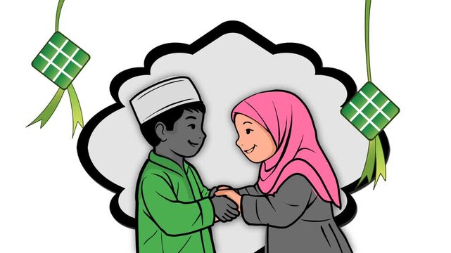 Animated Islamic Eid greeting scene featuring a smiling boy in traditional attire and a girl in a pink hijab shaking hands warmly