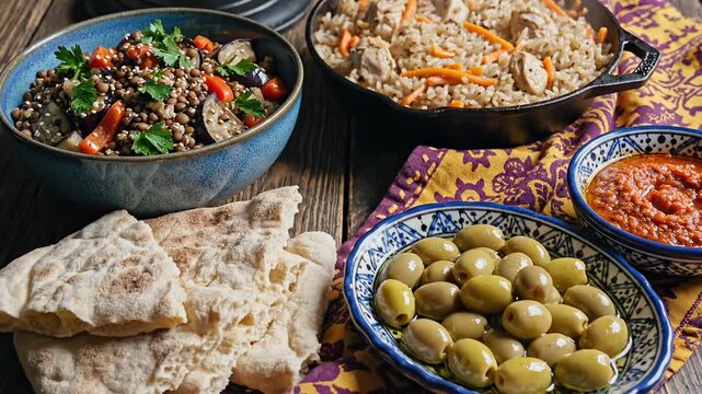 Authentic pilaf with chicken and carrots in a cast iron skillet, served with lentil salad, olives