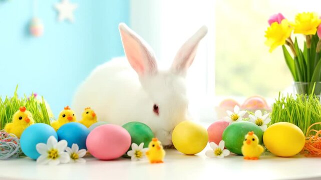 White Easter bunny surrounded by colorful eggs and chicks on a festive table.