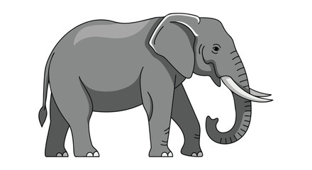 Obraz premium A stylized illustration of a majestic grey elephant with tusks and a curled trunk walking gracefully against a pure white background