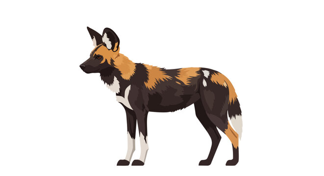 A striking illustration of an African wild dog with distinctive fur patterns, depicted in a side profile against a plain background.