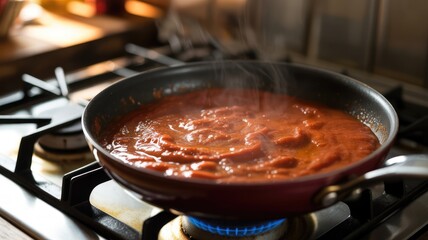 A rich red tomato sauce simmers and steams in a pan on a gas stove.