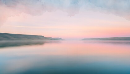 Fototapeta premium Serene lake reflecting pastel sky at sunrise with distant misty hills.