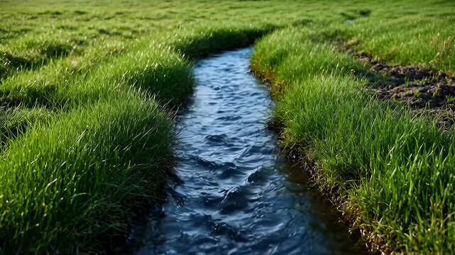 Serene Flowing Stream Through Lush Green Grass Field in Sunlight